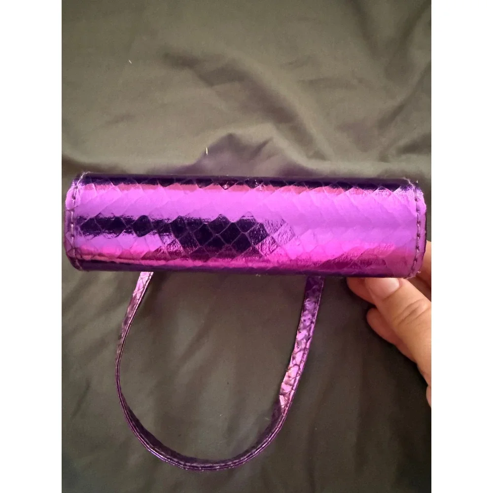 Purple Metallic Faux Snakeskin Kiss Lock Frame Handbag Polka Dot Lining Mini Bag